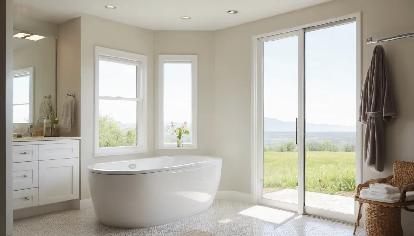 A smiling homeowner standing beside a new walk-in tub in a bright bathroom in Hamel